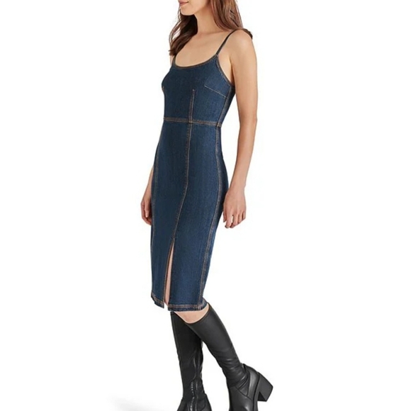 Steve Madden Giselle Dark Wash Denim Midi Dress Front Slit - Picture 2 of 3